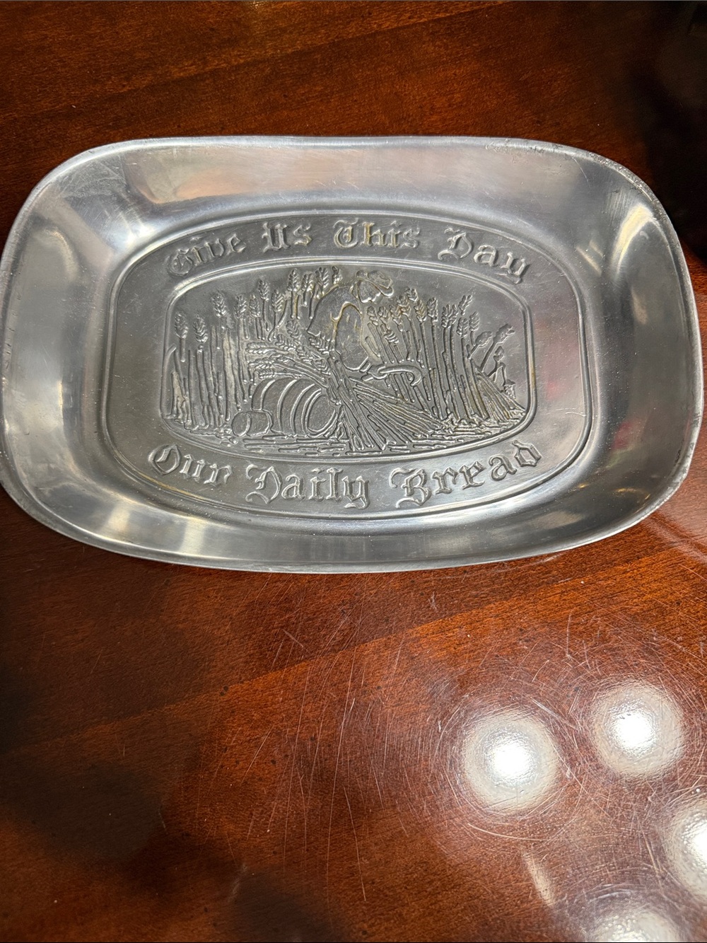 Embossed 'Give Us This Day Our Daily Bread' Decorative Tray - Silver Tone
